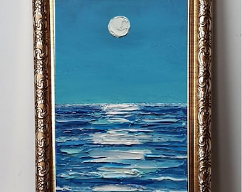 Framed Moon Seascape Oil Painting Original: Calm Night Seascape Minimalist Art 4x6”