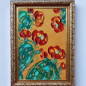 Opuntia Cactus Art Flowering Cactus Oil Painting Prickly Pear Painting Original Blooming Cactus Art Opuntia Cactus Painting Impasto, 4x6 Art