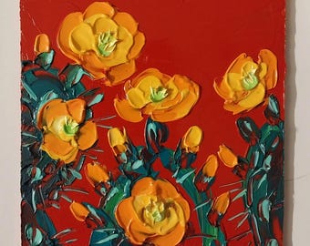 Pintura al óleo original de flores amarillas de cactus Opuntia: Nopal en plena floración con técnica impasto sobre lienzo.