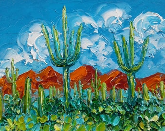 Arizona Saguaro Cactus Landscape Oil Painting Original: Sonoran Desert Impasto Art On Canvas