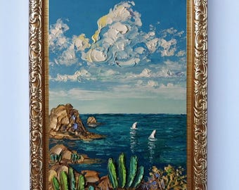 Framed Tropical Seascape Oil Painting Original: Cacti, Sailboats, Mexican Coast, Mini Impasto Art 4x6"