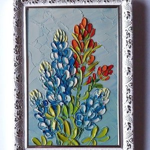 Texas Wildflower Art Mini Framed Painting Bluebonnet Wall Art Texas Flower Oil Painting Original Floral Impasto Painting For Gift, 4x6 Art