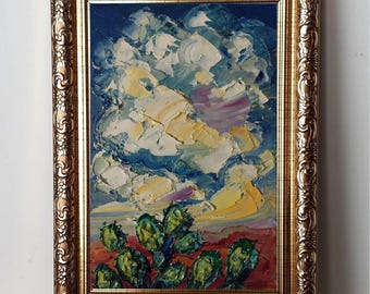 Framed Stormy Sky Sonoran Desert Oil Painting Original: Arizona Landscape, Cloudscape, Impasto Art 4x6”