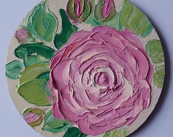 Pink Rose Oil Painting Original: Boho Rose Flower Impasto Art On Round Canvas