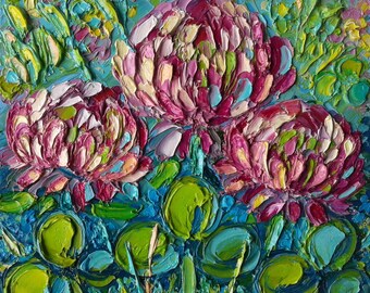 Pink Clover Flowers Oil Painting Original: Meadow Wildflowers Art Impasto On Canvas