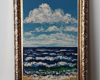 Seascape Cloudy Sky Oil Painting Original: Clouds Over Sea Scenery, Framed Impasto Artwork 4x6”