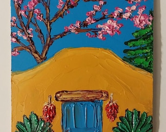 Santa Fe Spring Oil Painting Original: Southwest House & Blooming Tree Art Impasto On Canvas