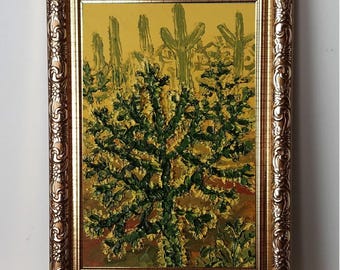Framed Cholla Cactus Oil Painting Original: Sonoran Desert Sunset Arizona Cacti Landscape Art 4x6"