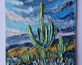 Saguaro Oil Painting Original: Arizona Cacti Sonoran Desert Sunset Landscape Impasto Art On Canvas