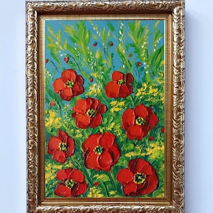 Wild Poppies Framed Mini Art Wild Flowers Oil Painting Original Red Poppies Meadow Flowers Wall Art Impasto Flowers Gift Painting 4x6 inches