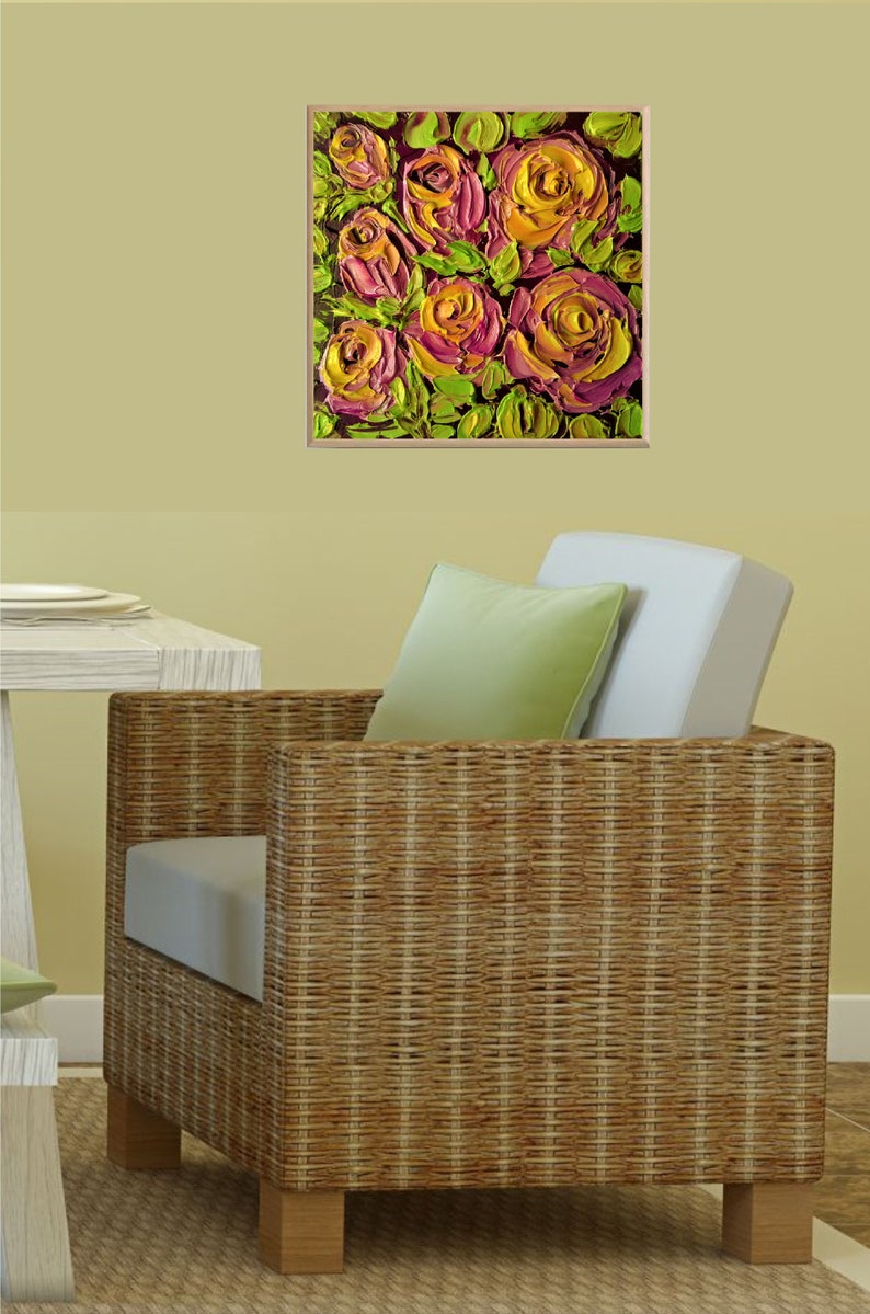 Yellow Pink Roses Oil Painting Original Yellow Rose Flower Wall Art