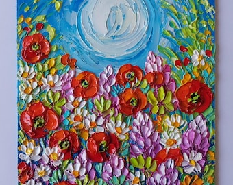 Poppy Lupine Daisy Wildflowers Oil Painting Original: Summer Meadow Flowers Sunny Art Impasto Canvas