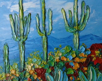 Arizona Saguaro Cactus Oil Painting Original: Sonoran Desert Landscape, Southwest Desert Art Impasto Canvas