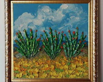 Anza-Borrego Desert Oil Painting Original: Flowering Ocotillos Desert Bloom, Framed Impasto Art 4x4”