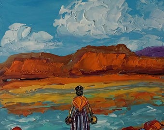 Native American Woman New Mexico Oil Painting Original: Southwest Landscape Desert & River Artwork Canvas