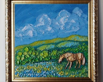 Bluebonnet Meadow Grazing Horse Oil Painting Original: Texas Hill Country Landscape, Framed Art 6x6”