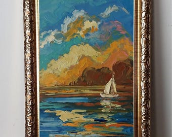 Seascape Sunset Cloudy Sky Oil Painting Original: Sailboat & Bright Sunset, Framed Impasto Art 4x6”