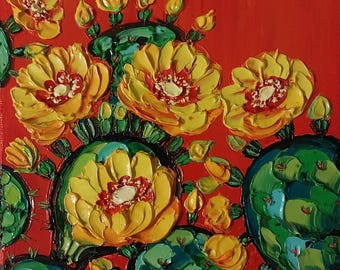 Blooming Prickly Pear Oil Painting Original: Desert Cactus Flower, Red & Yellow Art Impasto Canvas