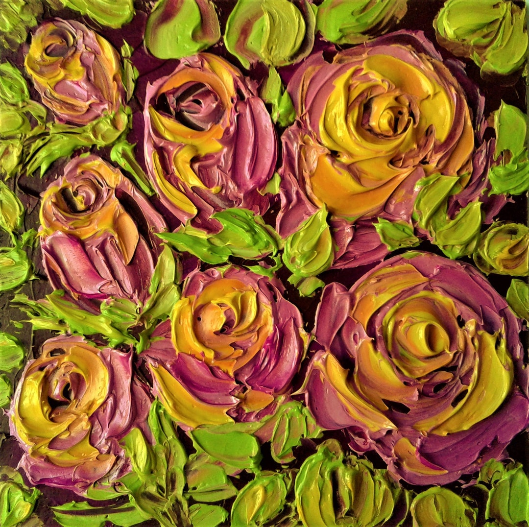 Yellow Pink Roses Oil Painting Original Yellow Rose Flower Wall Art