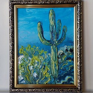 Saguaro Cactus Art Sonoran Desert Mountain Wall Art Cactus Painting Arizona Desert Oil Painting Original Impasto Art Southwest Gift 6x8 inch