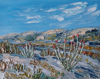 Ocotillo Anza-Borrego Desert Oil Painting Original: California Desert Landscape, Impasto Art On Canvas