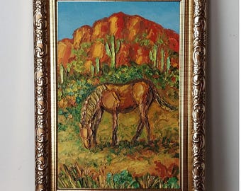 Grazing Horse Oil Painting Original: Arizona Sonoran Desert Southwest Landscape, Framed Impasto Art 4x6”