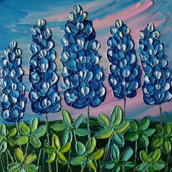 Texas Bluebonnets Art Bluebonnet Flower Oil Painting Original Texas Wildflowers Wall Art Texas Flower Art For Gift Painting impasto,6x6 inch