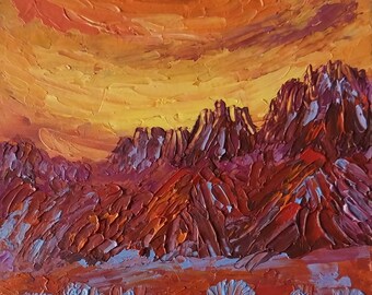 Abstract Southwest Landscape Oil Painting Original: Sunset Desert Mountain Artwork Impasto On Canvas