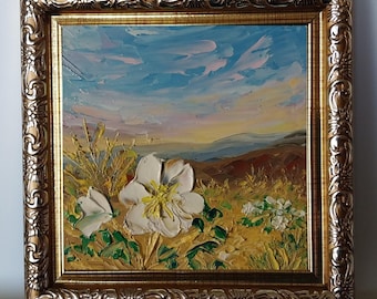 Framed Evening Primrose Flower Oil Painting Original: Anza-Borrego Desert Sunset Art Impasto 4x4”