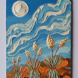 Flowering Yucca Art New Mexico Desert Oil Painting Original Abstract Desert Wall Art Sunny Landscape Southwest Gift Painting Impasto Art