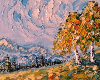 Autumn Birch Trees Original Oil Painting: Rocky Mountain Fall Landscape Art Impasto On Canvas