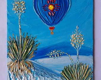 White Sands Desert Oil Painting Original: Yuccas & Hot Air Balloon, New Mexico Landscape Art