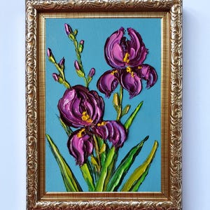 Iris Art Purple Iris Framed Mini Art Iris Oil Painting Original Iris Flower Wall Art Small Textured Art Impasto Flower Gift Painting 4x6 in