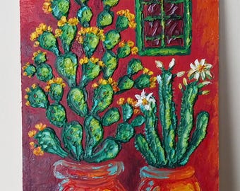 Potted Flowering Cactus Oil Painting Original: Tucson Arizona Old House Southwest Art Impasto Canvas