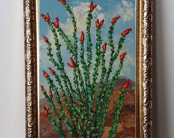 Framed Ocotillo Branches Oil Painting Original: Flowering Ocotillo Cactus Southwest Landscape, Impasto Art 4x6”
