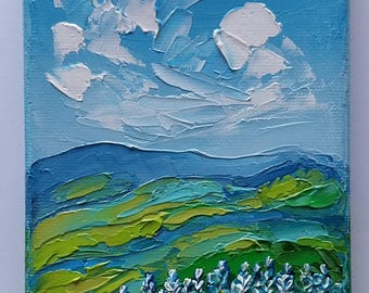 Texas Bluebonnet Landscape Oil Painting Original: Hill Country & Cloudy Sky Art Impasto On Canvas