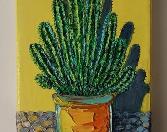Potted Cactus Oil Painting Original: Succulent Still Life Yellow Color Impasto Art On Canvas