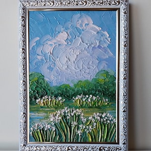 Spider Lilies Framed Mini Art Lowcountry River Oil Painting Original South Carolina Wall Art Catawba River Landscape Gift Art Impasto 4x6 in