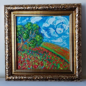 Poppy Field Oak Tree Framed Mini Art Red Poppy Field Oil Painting Original Single Tree Wall Art Flowers Landscape Gift Art Impasto 4x4 inch