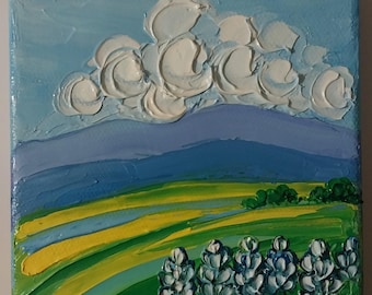 Bluebonnets Oil Painting Original: Texas Meadow, Hill Country & Cloudy Sky Mini Canvas Art 4x4"