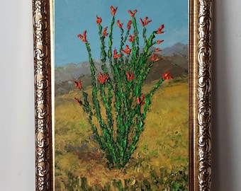 Framed Blooming Ocotillo Oil Painting Original: Anza-Borrego Desert Landscape, Mini Impasto Art 4x6"