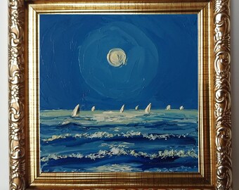 Framed Moon Seascape Sailboats Oil Painting Original: Moonlit Night Mini Seascape Art 4x4”