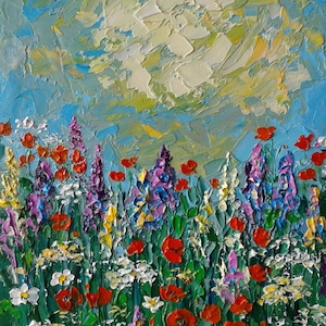 Wild Poppy Lupine Daisy Art Red Poppies Oil Painting Original Wildflowers Wall Art Impasto Painting Blooming Sunny Day by Tatyana Stefanska