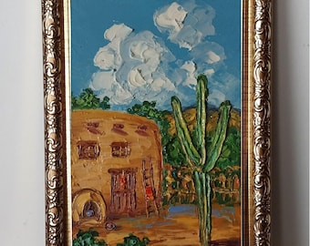 Framed Arizona Old Home Oil Painting Original: Saguaro Cactus Southwest Courtyard, Impasto Art 4x6”