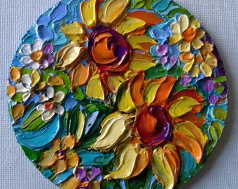 Sunflowers Oil Painting Original: Circular Flowers Artwork, Impasto ...