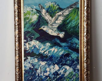 Framed Seagull Seascape Oil Painting Original: Sea Bird, Sea Waves, Small Impasto Art 4x6”