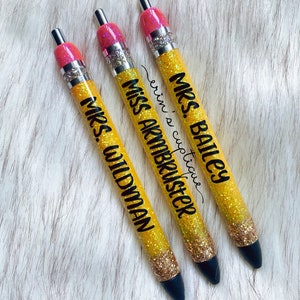 Teacher Pen, Custom Glitter Gel Pen, Pencil Style Glitter Pen, Teacher Gift, Custom Teacher Gift, Custom Refillable Pen, Personalized Pen
