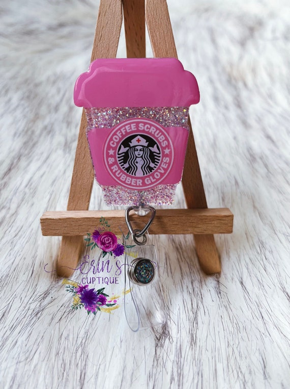 Pink Coffee Scrubs and Rubber Gloves SB Inspired Glitter Badge Reel or Lanyard, Leopard Custom Badge, Nurse Badge, Coffee Badge Reel