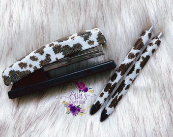 Custom Cowhide Glitter Stapler and Pen Set, Custom Glitter Stapler, Cute Personalized Office Set , Gifts for Her, Teacher / Office Gift