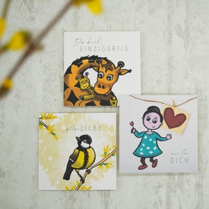Postkarten-Set 3 Motive gemischt "du bist einzigartig", "Alles Liebe", "Nur für dich" - liebevoll illustriert - optional inklusive Umschläge
